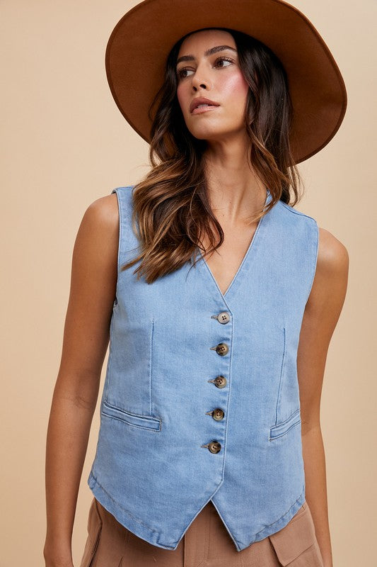 Annie Wear Button Down V-Neck Denim Vest