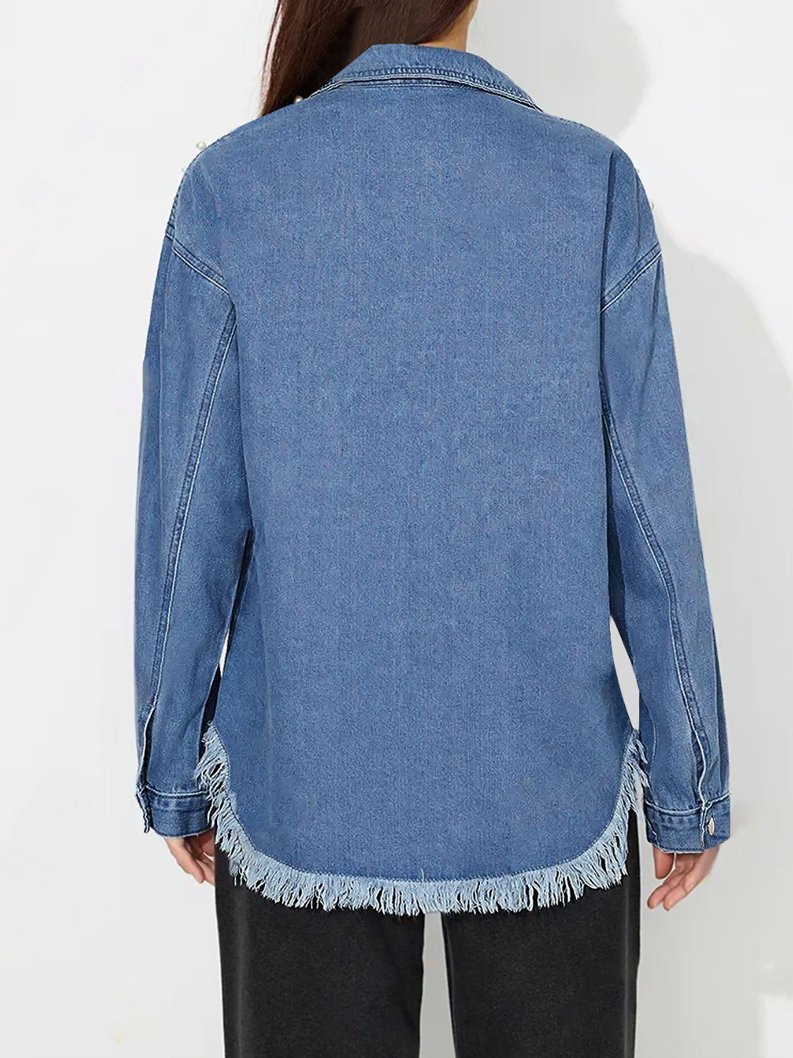 Raw Hem Pearl Trim Collared Neck Denim Top