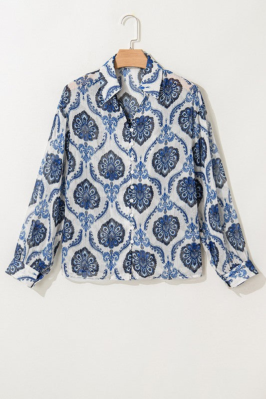 Blue Tribal Pattern Buttoned Front Loose Shirt