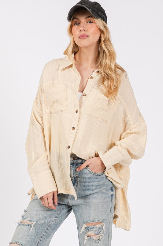 SAGE + FIG Frayed Hem Side Slit Button Down Shirt