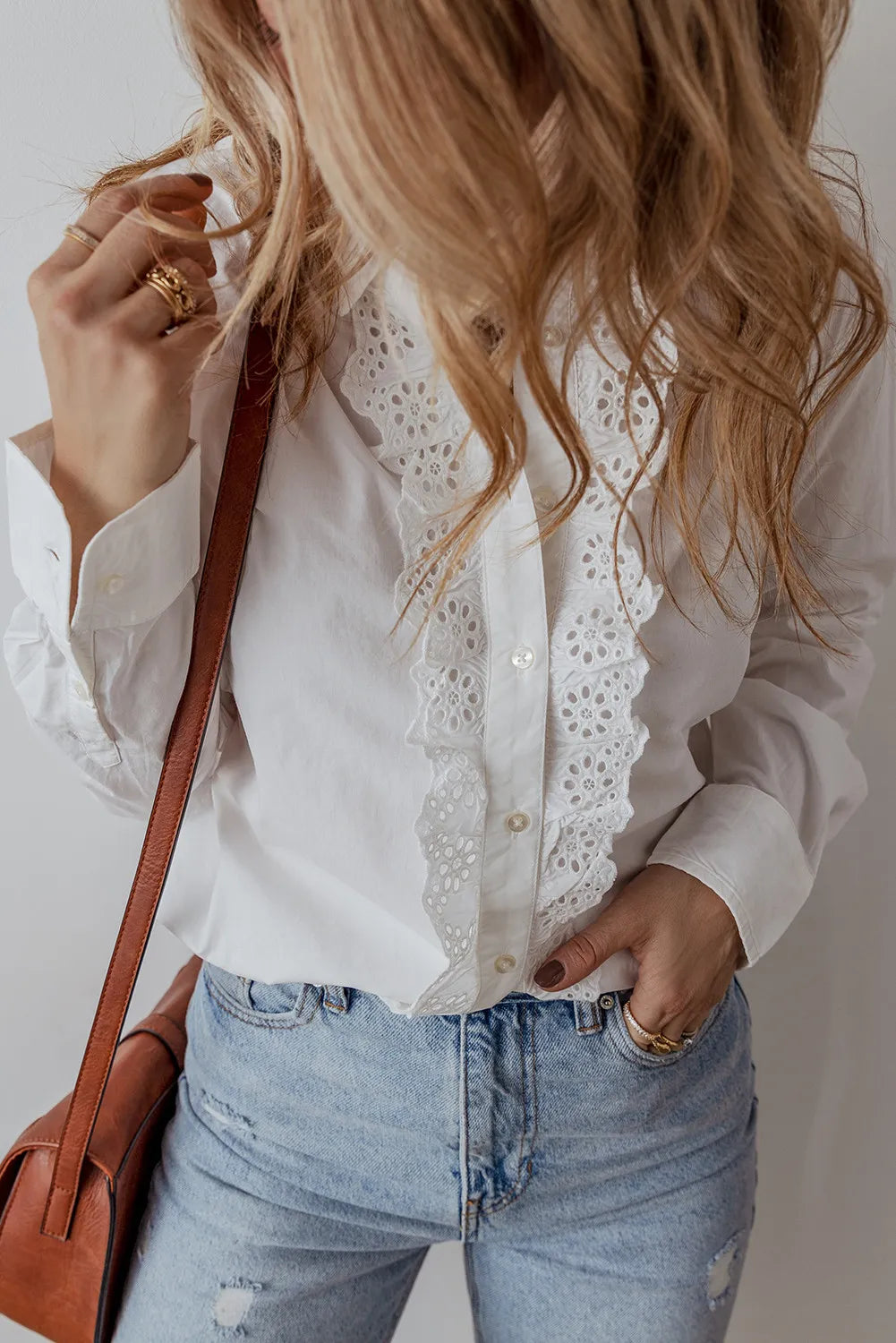 Eyelet Button Down Long Sleeve Shirt