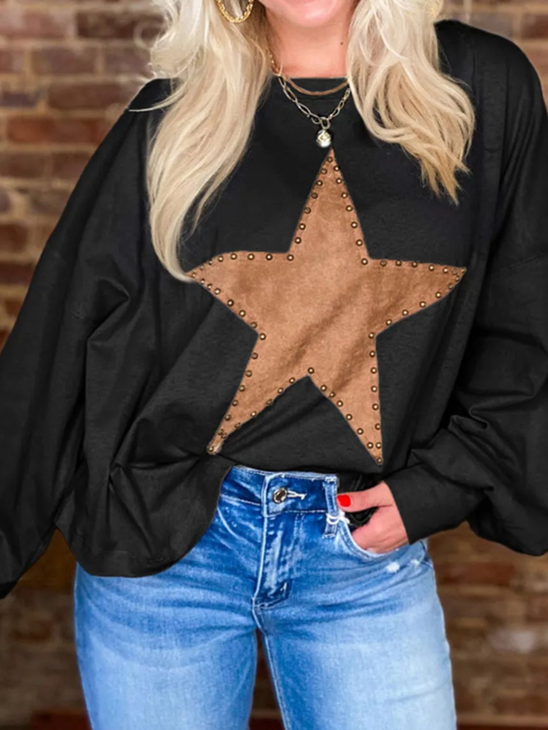 Star Round Neck Long Sleeve Blouse