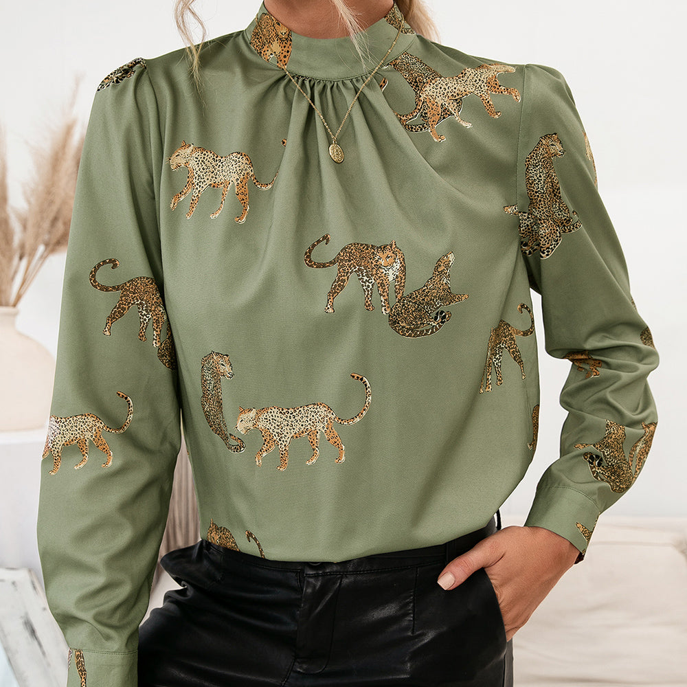 Ivy Lane Leopard Graphic Mock Neck Puff Sleeve Blouse