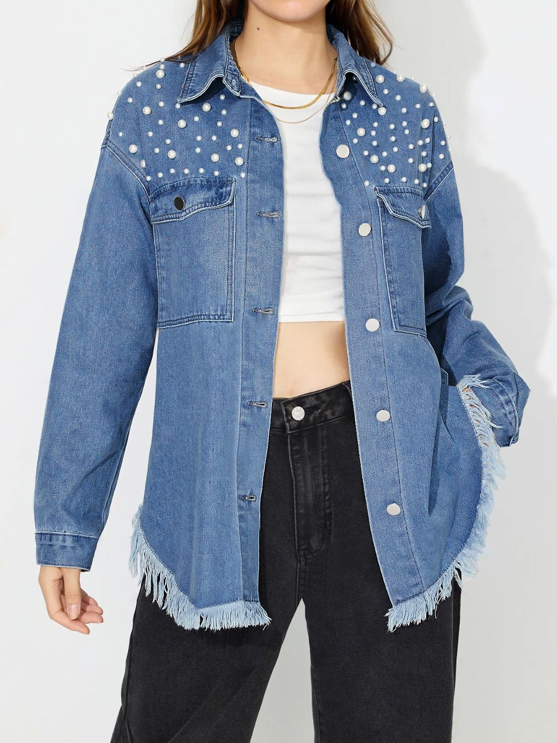 Raw Hem Pearl Trim Collared Neck Denim Top