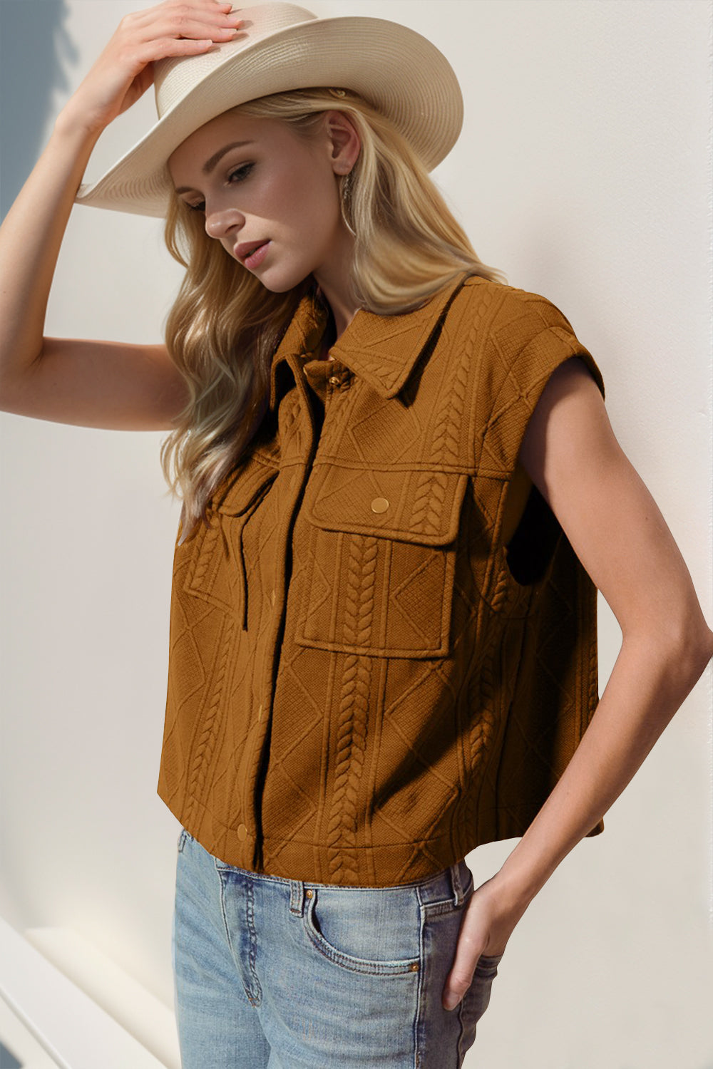 Double Take Snap Down Texture Crop Vest