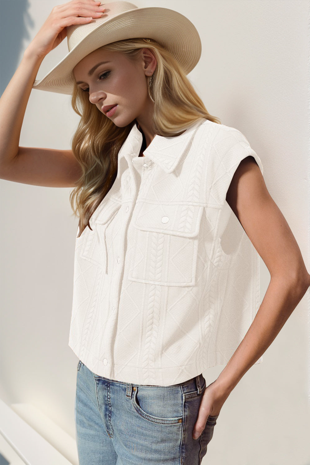 Double Take Snap Down Texture Crop Vest