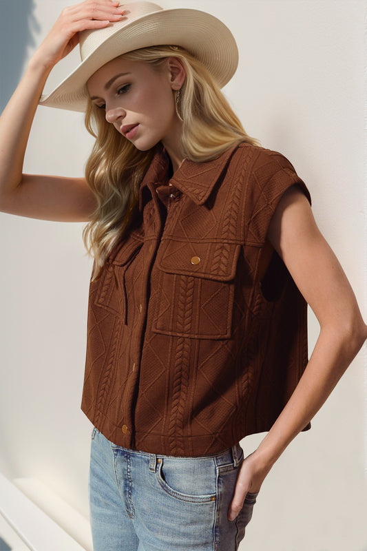 Double Take Snap Down Texture Crop Vest