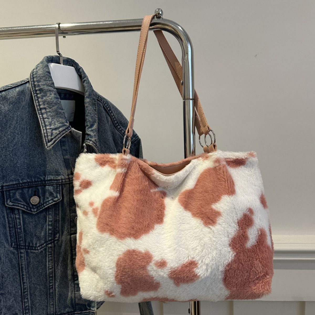 Cow Print Furry Tote Bag