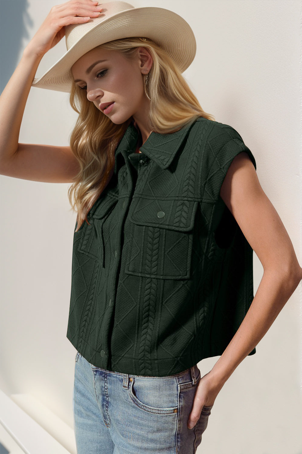 Double Take Snap Down Texture Crop Vest